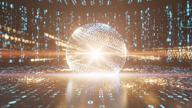 Futuristic digital sphere formed by binary code in high speed data tunnel, neon blue and orange light streaks, 3D abstract technology animation, cyber security and AI concept