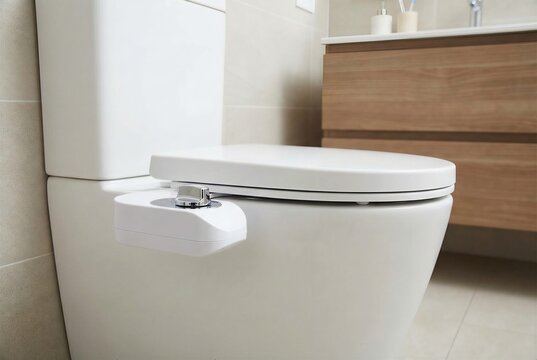 Modern white bidet attachment installed on a ceramic toilet seat