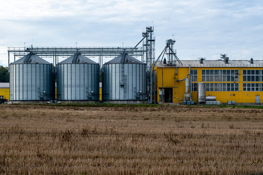 A large modern plant for the storage and processing of grain crops. Agro-processing manufacturing plant for processing drying cleaning and storage of agricultural products. Export of grain by railway