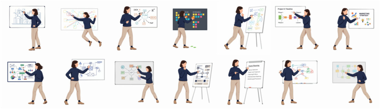 Flat Illustration Set of a Businesswoman Giving a Presentation on Whiteboard