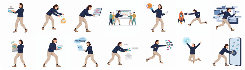Fototapeta premium Minimalist Style Diverse Woman Actions with Technology and Business Concept Illustration