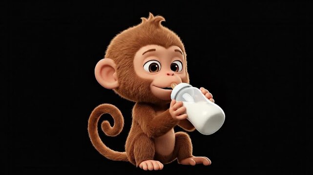 Cute cartoon monkey character drinking milk bottle loop, whimsical animal baby mascot animation 4K