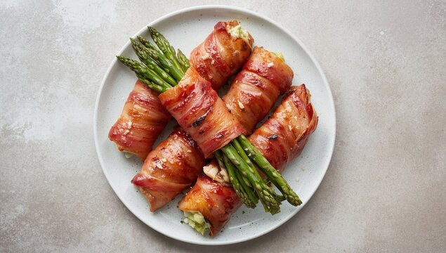 Bacon-wrapped grilled roulades filled with asparagus and cream cheese. Blank area