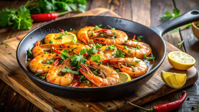 A skillet of sauteed shrimp with lemon and herbs, ready to be served, on a wooden surface