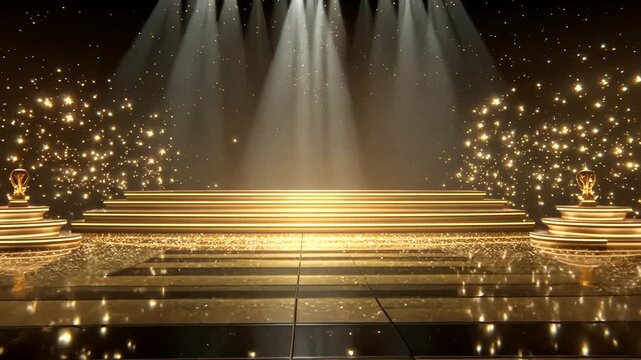 A gold and black stage illuminated by spotlights and glittering particles. Two platforms hold trophies
