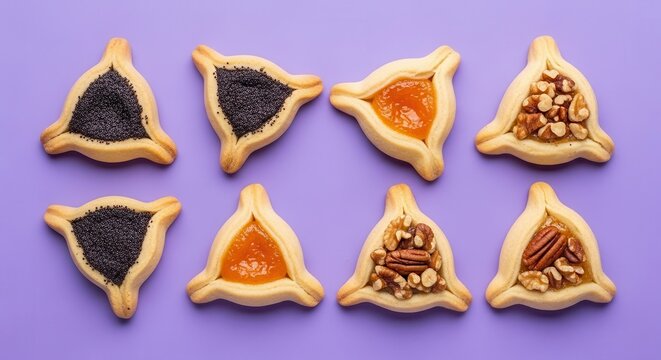Assorted hamantaschen cookies filled with poppy seeds, apricot, and nuts arranged on a purple background for Purim celebration