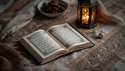 Fototapeta premium Blessed Ramadan with illuminated Quran and lantern