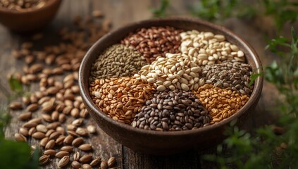 Fototapeta premium Bowl of assorted seeds—pumpkin, flax, sesame, sunflower, and poppy—on wood surface. Nutritious organic superfood for a balanced vegetarian diet