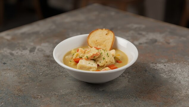 Bowl of creamy fish chowder with bread on concrete at eatery