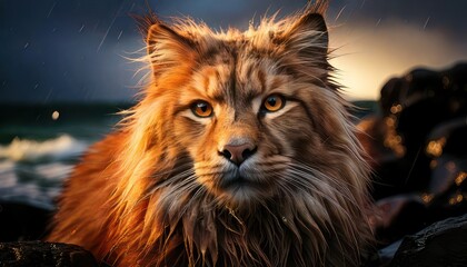 Fototapeta premium Majestic Maine Coon Cat Portrait with Intense Gaze and Warm Lighting.