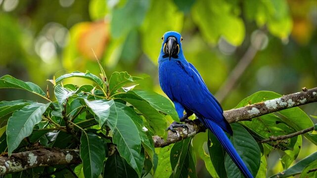 A vibrant blue parrot perches on a branch surrounded by lush green foliage