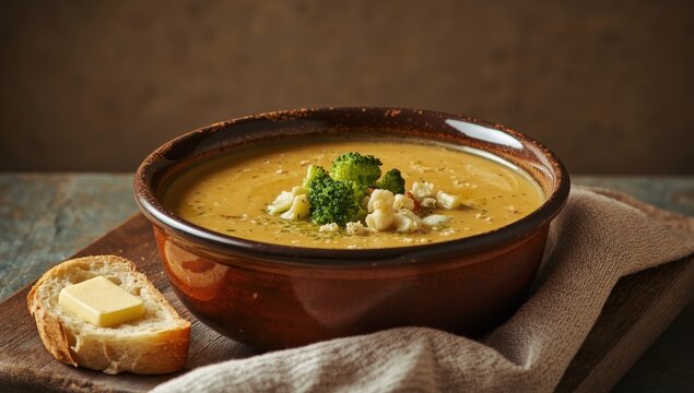 Broccoli and Stilton soup with buttered bread