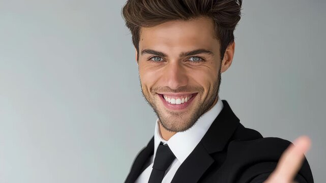 Smiling Professional in Modern Attire: A confident, well-groomed individual exudes a welcoming demeanor in professional attire, showcasing a genuine smile and a gesture of invitation.