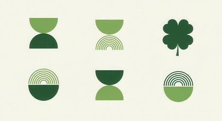 Fototapeta premium Abstract St. Patrick's Day themed illustration featuring green shapes, rainbow patterns, and a clover symbol, suitable for festive decorations and promotional materials