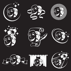 collection of comedy and tragedy theatrical masks isolated on black background