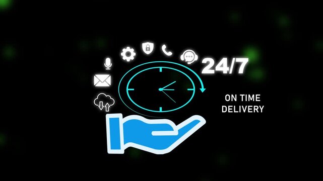 24/7 On Time Delivery Service Animation with Hand Holding Clock and Various Communication Symbols on Black Background