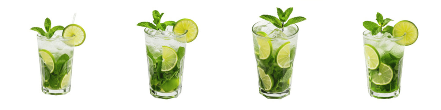 Set and collection of fresh mojito cocktails with lime, mint, and ice cubes in glasses from different angles isolated on white transparent PNG background