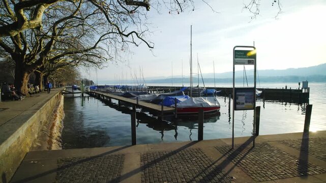 Panning shot of the picturesque Lake Zurich waterfront at Schiffl&auml;nde, showing moored sailboats, historic plane trees along the promenade, and the calm lake in Switzerland.