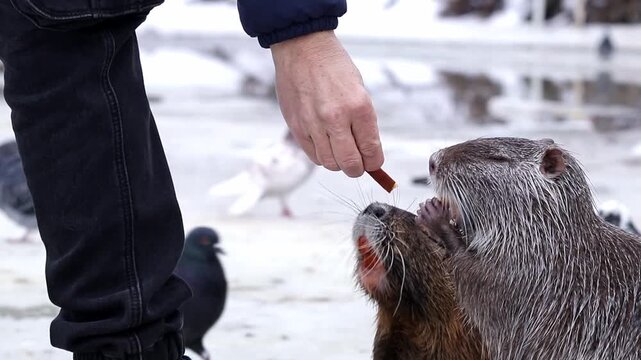 A man feeds bread to two cute nutria in a winter park.
