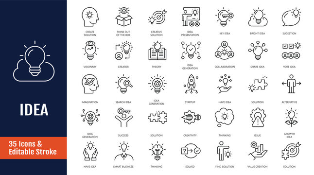 Idea icon set. Icons related to Creative idea, brainstorming, solution, thinking and more. Outline icon with Editable stroke. Vector illustration