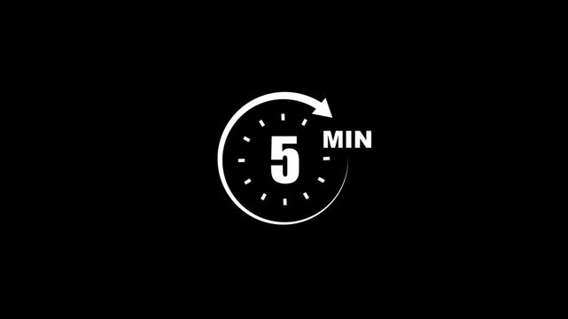 Timer 5 minutes countdown clock animation white on black background
