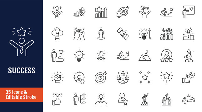 Success icons set. Icons related to success, growth, personal, professional, and financial growth, progress, career, and more. Outline icon with Editable stroke. Vector illustration