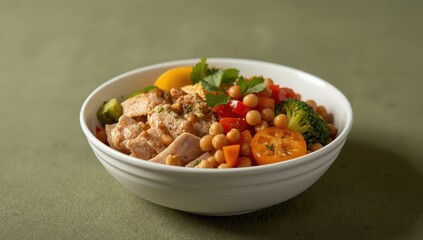 Fototapeta premium Chickpea and vegetable lunch bowl with chicken. Blurred background, text area