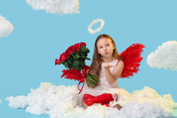 Naklejka premium Cute little girl dressed as cupid with bouquet of beautiful rose flowers blowing kiss and sitting on cloud against blue background. Valentine's Day celebration