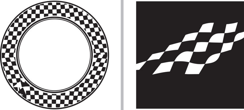 A black-and-white vector set featuring racing motifs: a waving checkered flag contained within a circular border on the left and a checkered shield emblem on the right.