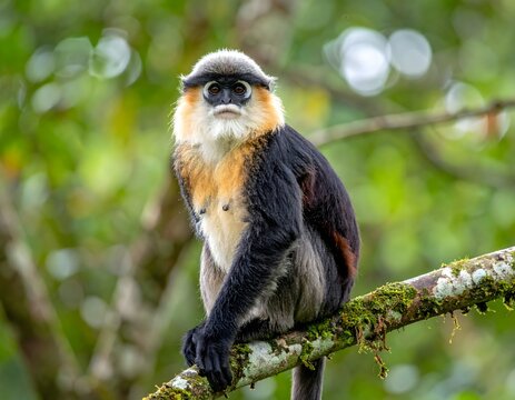 Gray-shanked douc langur perched on tree branch in lush tropical rainforest canopy. Vibrant natural colors and soft depth of field. Perfect for wildlife conservation, primate research, biodiversity 