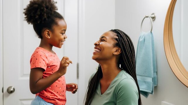 Happy African American mother and daughter playing with skincare cream in the bathroom, applying lotion to faces and laughing together.