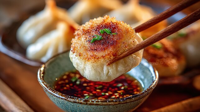 Chinese traditional lunar new year Spring Festival celebration in Asia. A closeup of a bowl filled with steamed dumplings, accompanied by chopsticks, and a bowl of dipping sauce beside it.