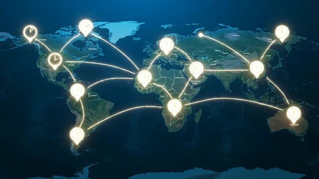 Global logistic network connections visualized on a world map illustrating international trade routes and supply chain management.