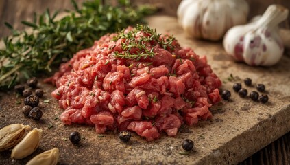 Chopped meat on a stone platter with thyme, pepper, and garlic, butcher theme