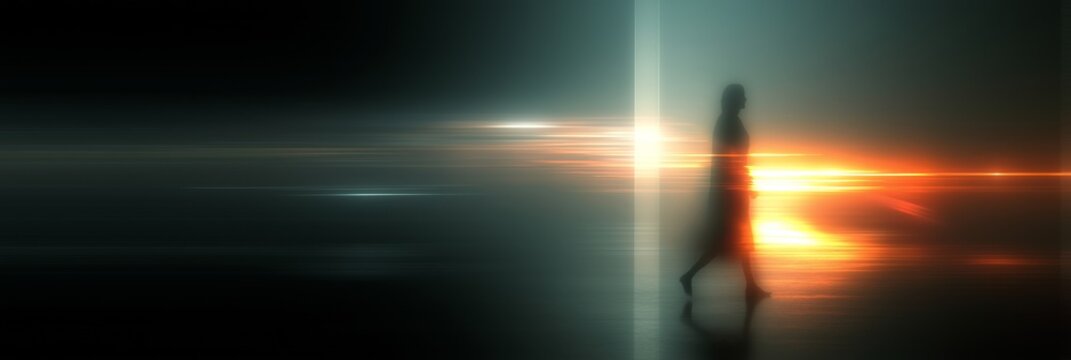 Silhouette of woman in light ray leaving darkness. Female silhouette standing in a beam of light, symbolizing hope and new beginnings