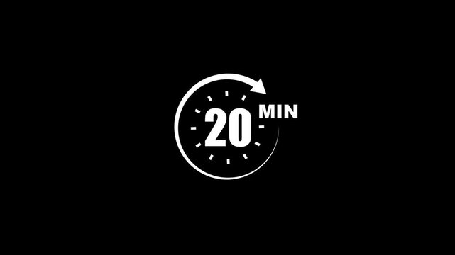 Timer 20 minutes stopwatch symbol white animation on black background clock countdown