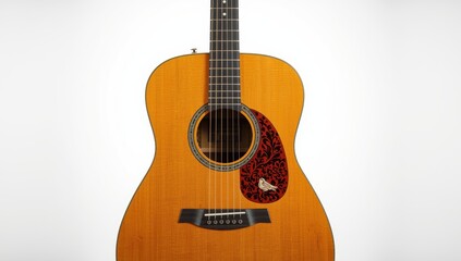 Obraz premium Classic vintage acoustic guitar with floral and bird design, isolated on white