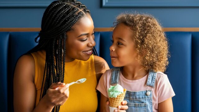 Happy African American mother and daughter sharing a mint ice cream cone in a blue cafe booth, laughing together during a summer treat.