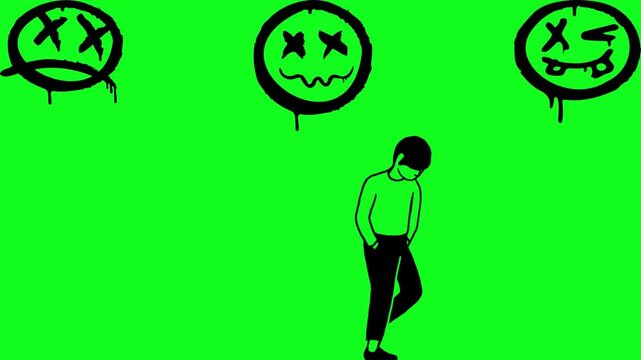 man with too much burden of thoughts and responsibilities with green background
