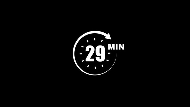 Countdown timer 29 minutes white on black background clock symbol with arrow minute counter animation