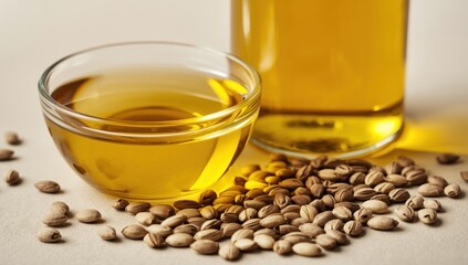 Close-up of a glass bowl and bottle containing organic sunflower oil and seeds
