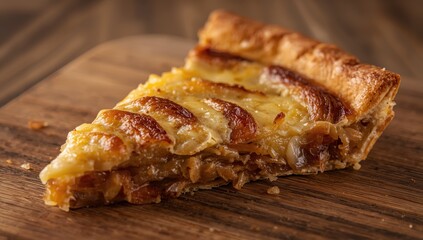 Close-up of a horizontal onion pie slice with cheese on a kitchen board