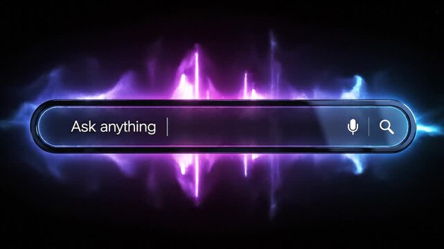 Digital interface with white text Ask anything and dual colored glow on black background AI assistant

