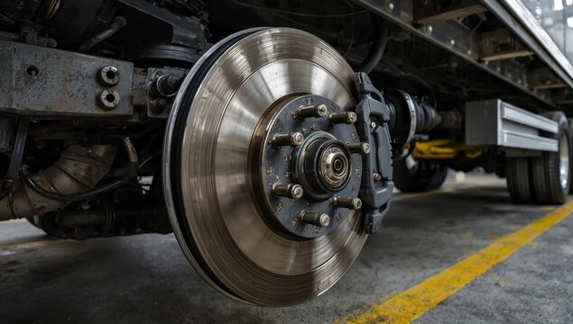Close-up of a truck trailer axle's disk brake during heavy vehicle repairs