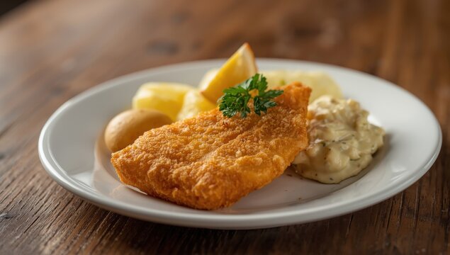 Close-up of deep-fried fish in batter with Hamburg-style potato salad
