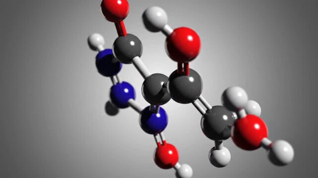A 3D model of a molecule with red, white, blue, gray, and black atoms connected by white bonds against a gradient gray background