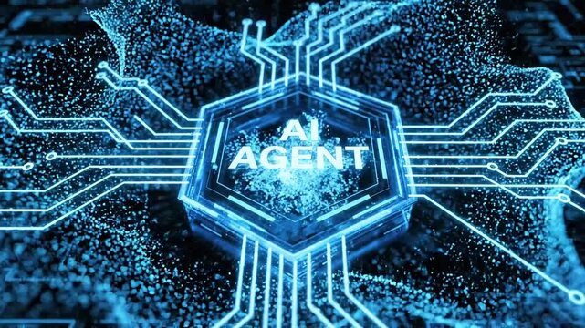 Central AI agent hub visually connects to digital service icons, symbolizing automation, analytics, data, security, and financial management
