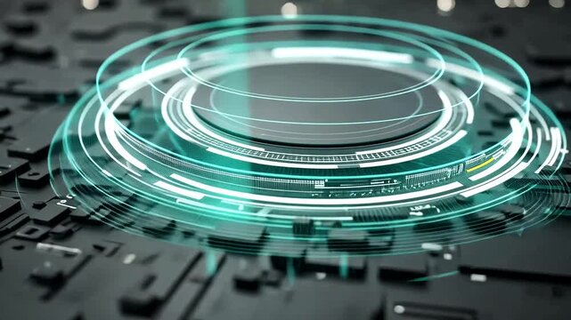 Futuristic digital illustration showcasing circular glowing lines with a circuit board in the background
