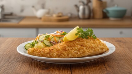 Coated fish with potato and cucumber salad