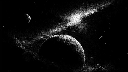 Space vector stipple background with planets and stars. Dot work illustration for cosmic design. Galactic adventure concept. © hiten666